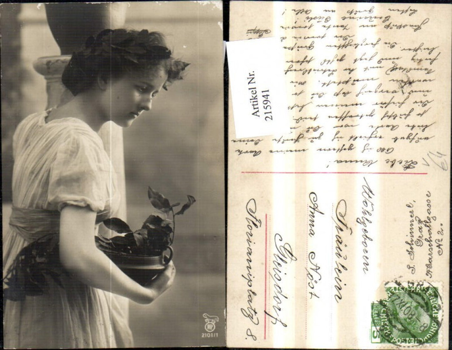 215941,Frau m. Schale Blätter Zweig Blätter i. Haar Haarschmuck pub RPH 2101/1