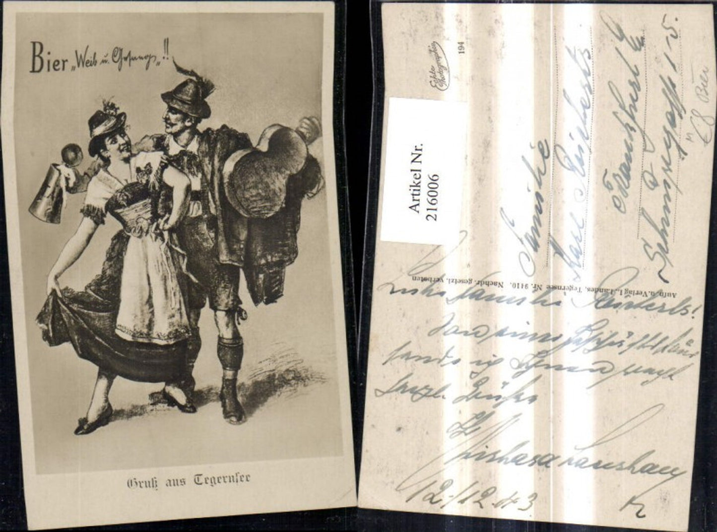 216006,Künstler Ak Gruß a. Tegernsee Bier Weib u. Gesang Frau Mann Tracht Bier Bierkrug Gitarre