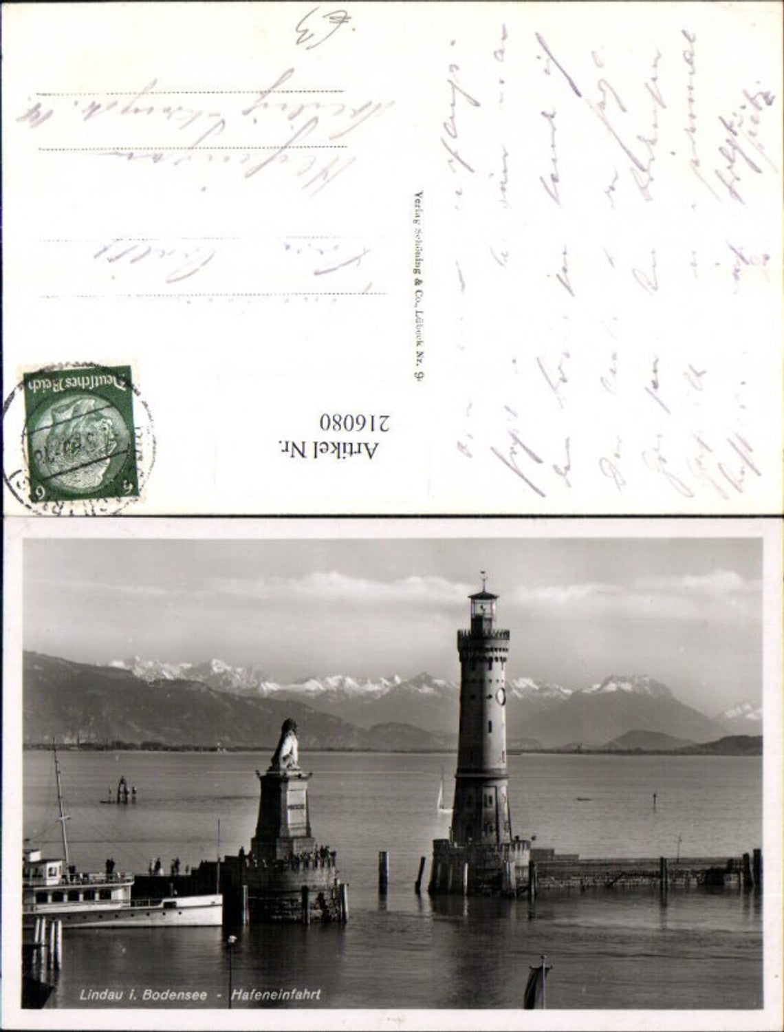 216080,Lindau i. Bodensee Hafeneinfahrt Hafen Leuchtturm Löwendenkmal Schiff