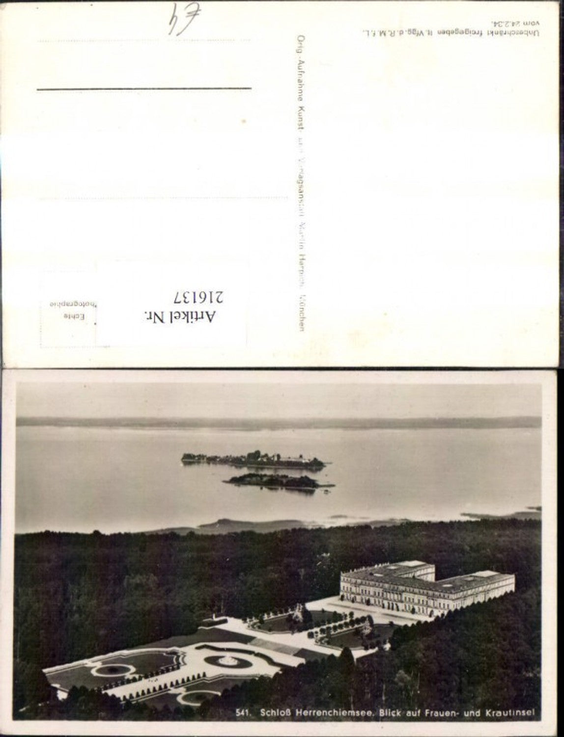 216137,Foto Ak Schloss Herrenchiemsee Chiemsee Herreninsel Blick a. Frauen- und Krautinsel