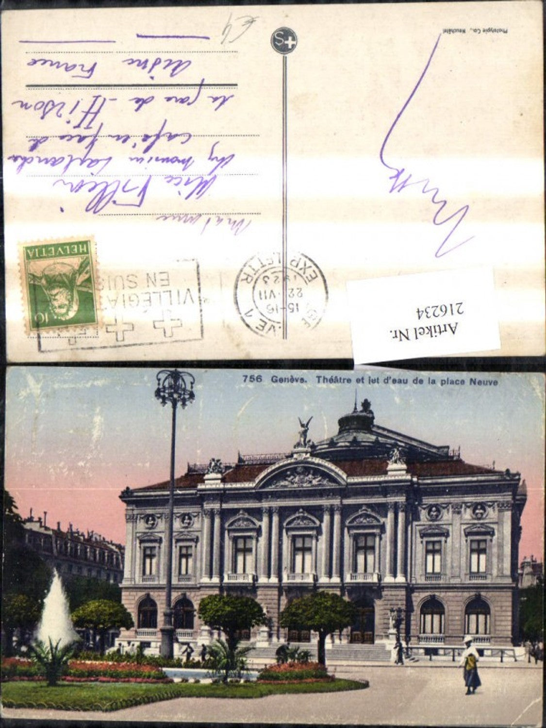 216234,Geneve Genf Theatre et jet d eau de la place Neuve Theater