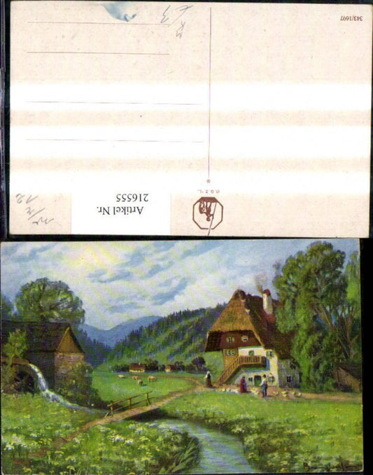 216555,Künstler Ak Wassermühle Landschaft Mühle Wasserrad Bauernhof