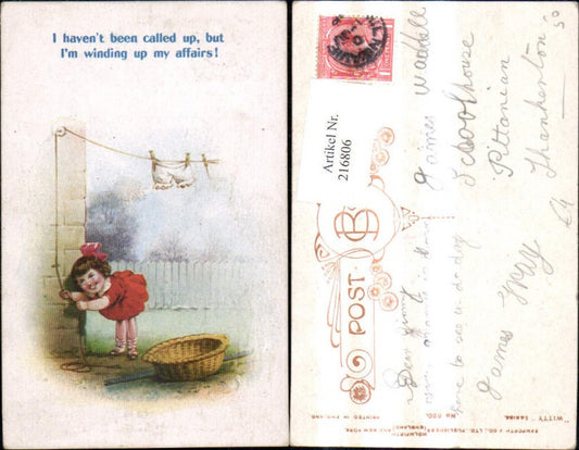 216806,Künstler Ak Mädchen zieht a. Wäscheleine I havent been called up, but Im winding up my affairs Scherz Humor