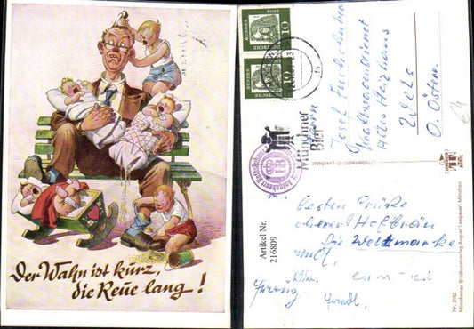 216809,Künstler Ak Mann sitzt a. Bank Säuglinge Kinder spielen Streiche Spruch Scherz Humor