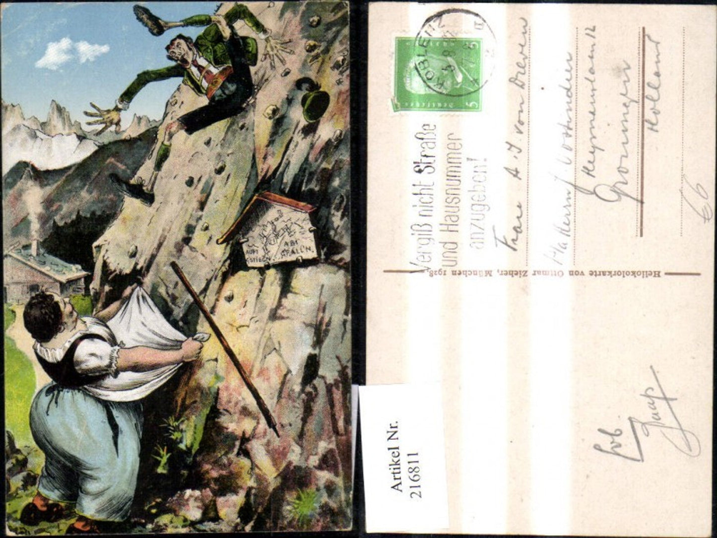 216811,Künstler Ak Mann fällt v. Berg Frau in Schürze Aufi gstiegen, Abi gfallen Scherz Humor pub Ottmar Zieher