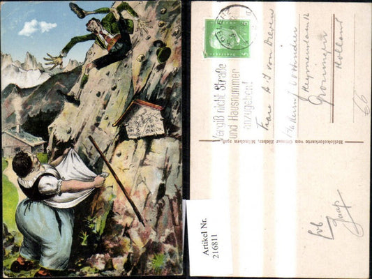 216811,Künstler Ak Mann fällt v. Berg Frau in Schürze Aufi gstiegen, Abi gfallen Scherz Humor pub Ottmar Zieher