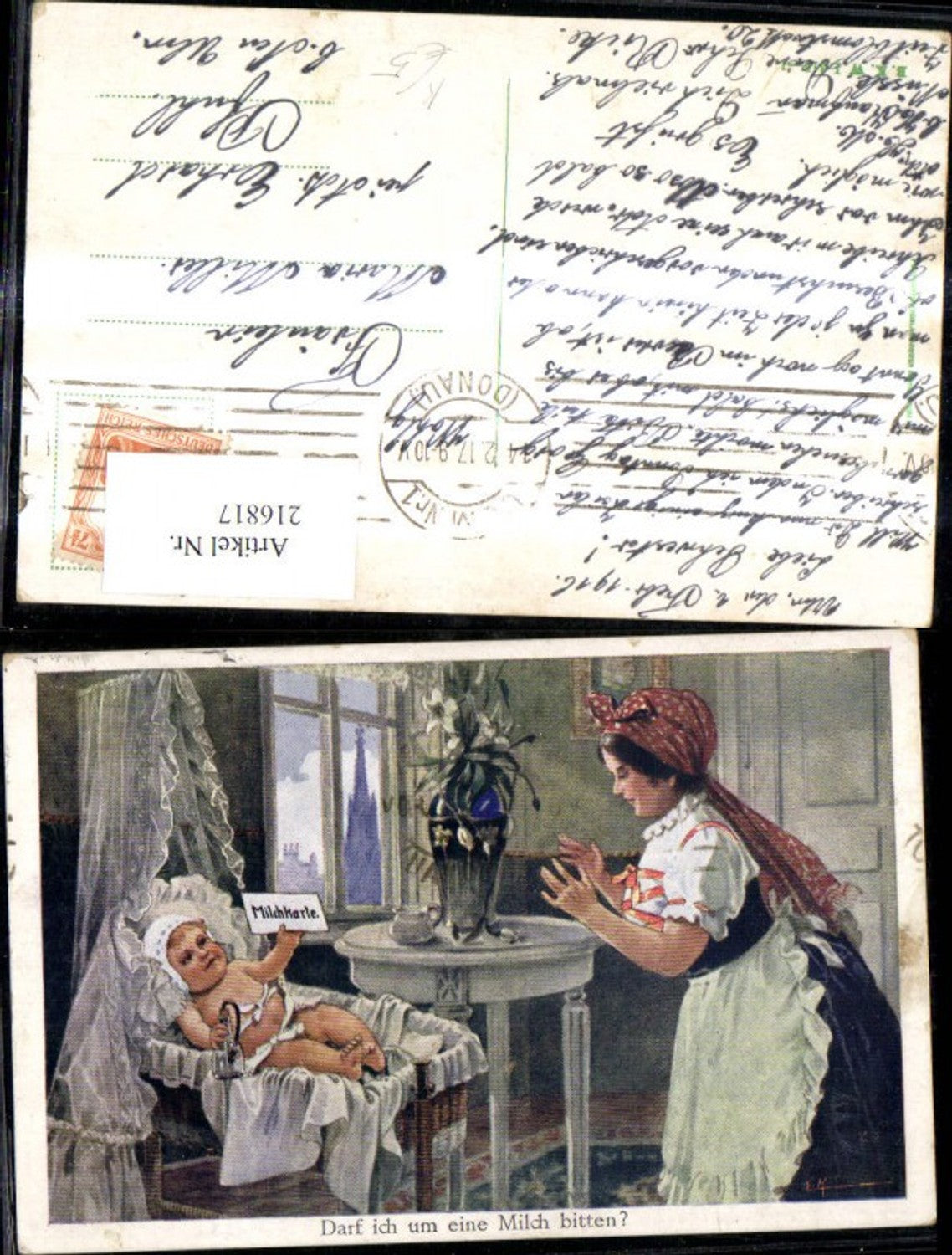 216817,Künstler Ak Baby Wiege Schild Milchkarte Darf ich um Milch bitten Scherz Humor