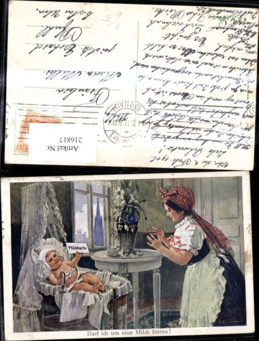 216817,Künstler Ak Baby Wiege Schild Milchkarte Darf ich um Milch bitten Scherz Humor