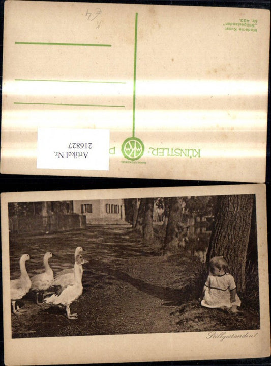 216827,Künstler Ak Kleinkind Kind m. Gänsen Still gestanden Scherz Humor