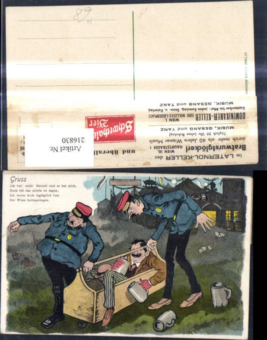 216830,Trunkenbold i. Kiste Uniform getragen Bier Bierkrug Gruß Spruch Scherz Humor