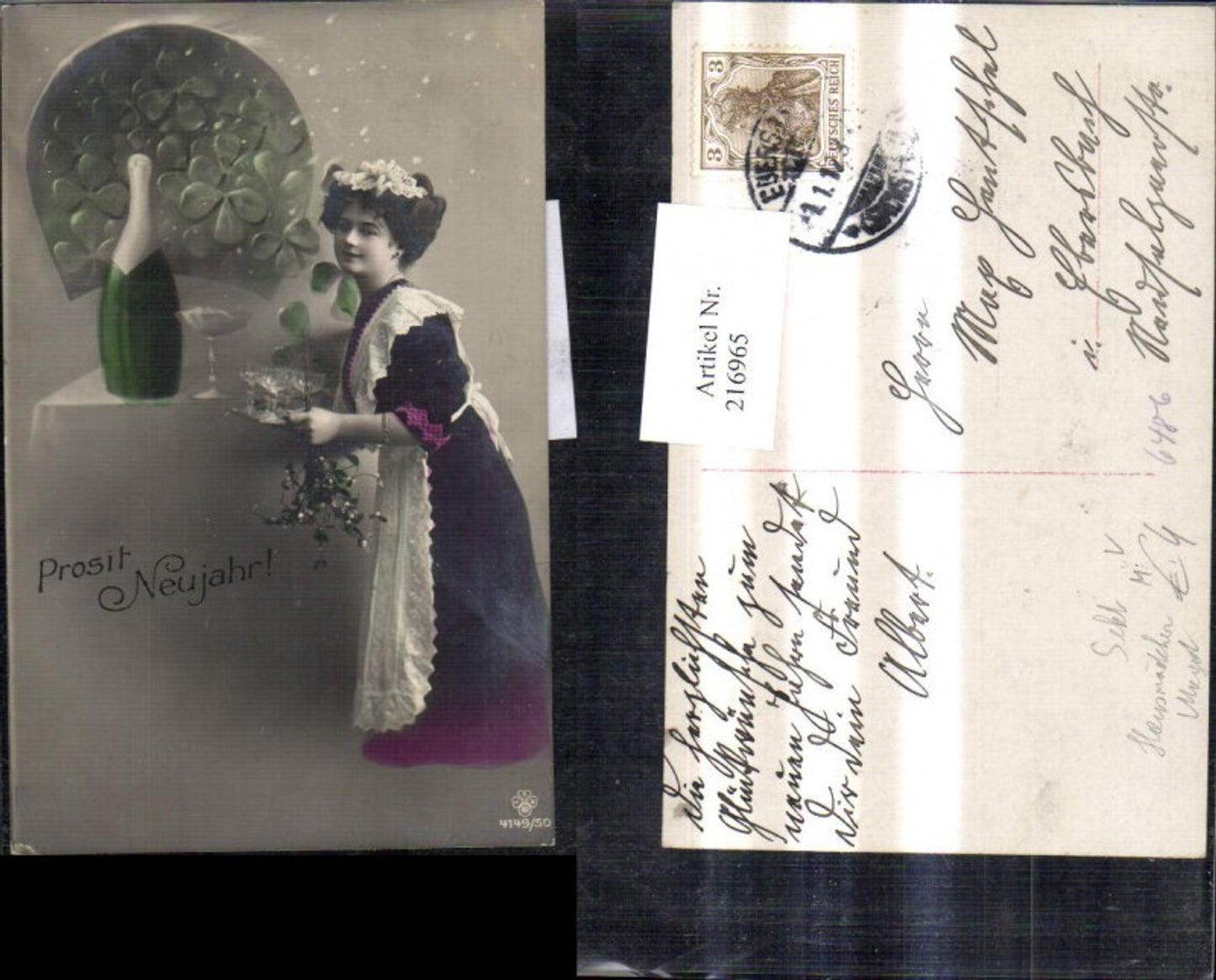 216965,Prosit Neujahr Hausmädchen Magd m. Sekt Sektgläser Sektflasche Mistelzweig Klee pub RPH SBW 4149/50