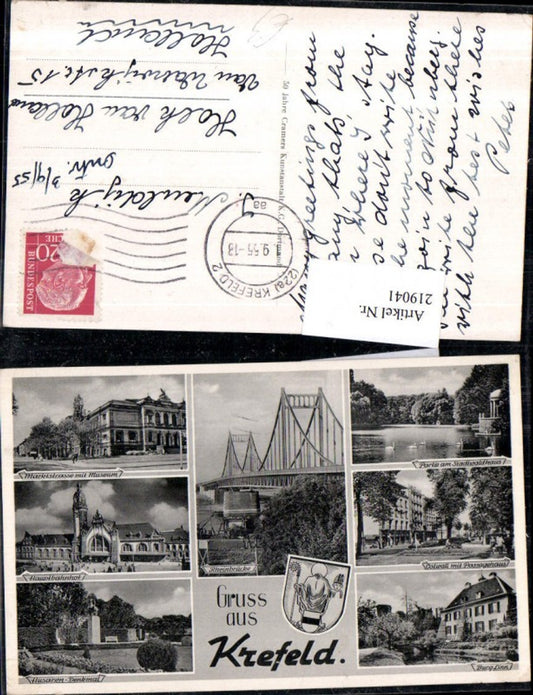 219041,Gruß aus Krefeld Rheinbrücke Hauptbahnhof Husaren-Denkmal Burg Linn Marktstraße m. Museum Mehrbildkarte