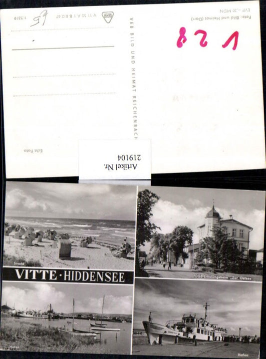 219104,Vitte Hiddensee Strand FDGB-Erholungsheim „Zur Ostsee“ Hafen Schiff Mehrbildkarte
