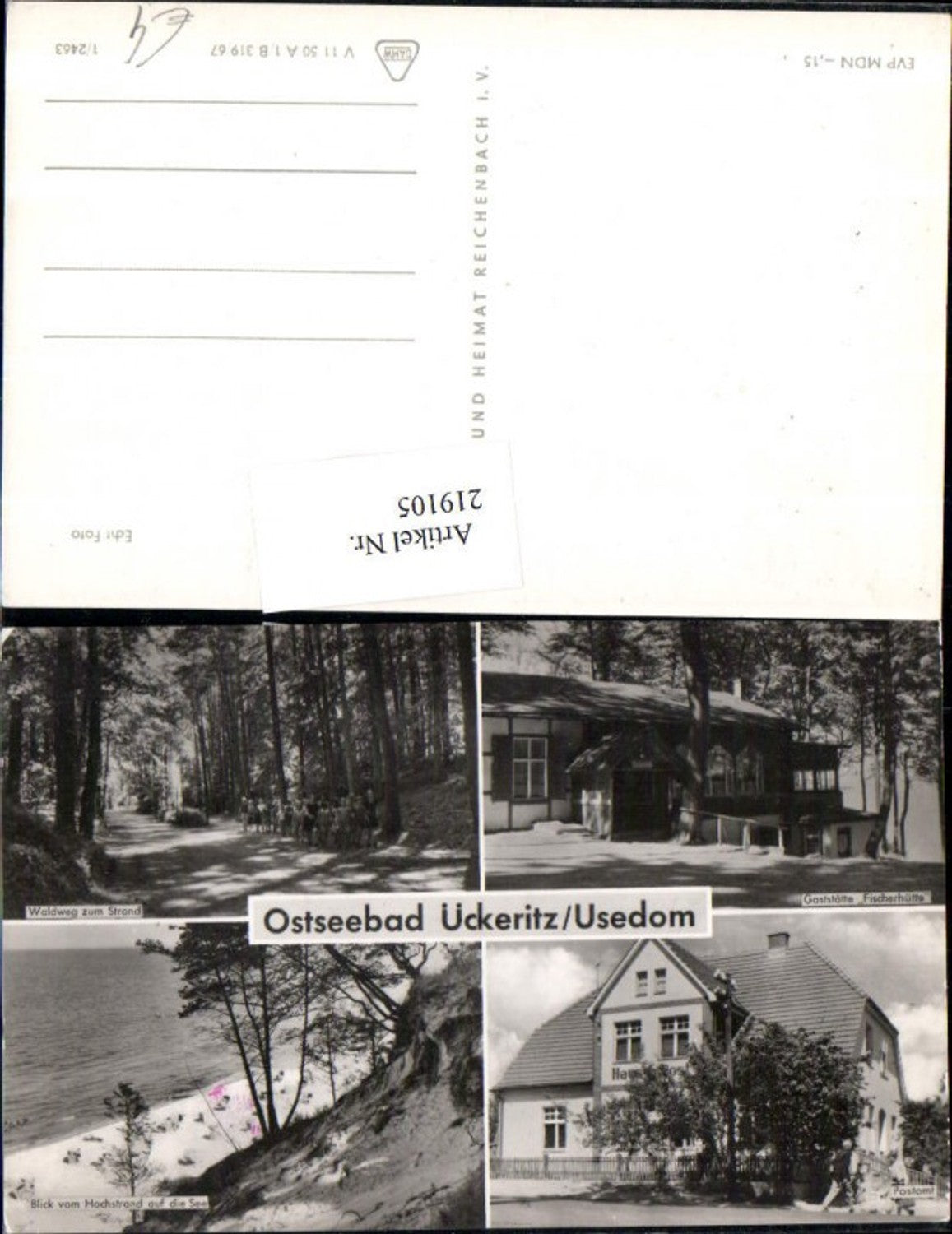 219105,Ostseebad Ückeritz auf Usedum Gaststätte „Fischerhütte“ Postamt Waldweg zum Strand Mehrbildkarte