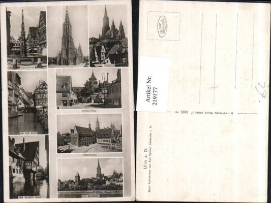 219177, Ulm on the Danube Total Fish Box Münster Church Market Square Zundeltörle Leaning House Multi-view postcard