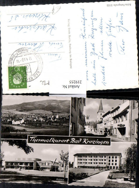 219255, Bad Krozingen, overall view with Schauinsland, main street, spa building, Theresienbad sanatorium, multi-view map