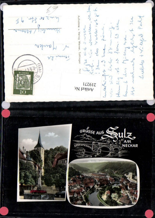 219271, Greetings from Sulz am Neckar, Total view of fountain and church, multi-view postcard