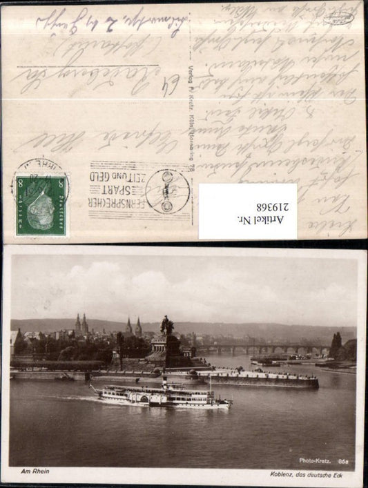 219368,Am Rhein Koblenz Teilansicht m. d. Deutschen Eck Denkmal Dampfer