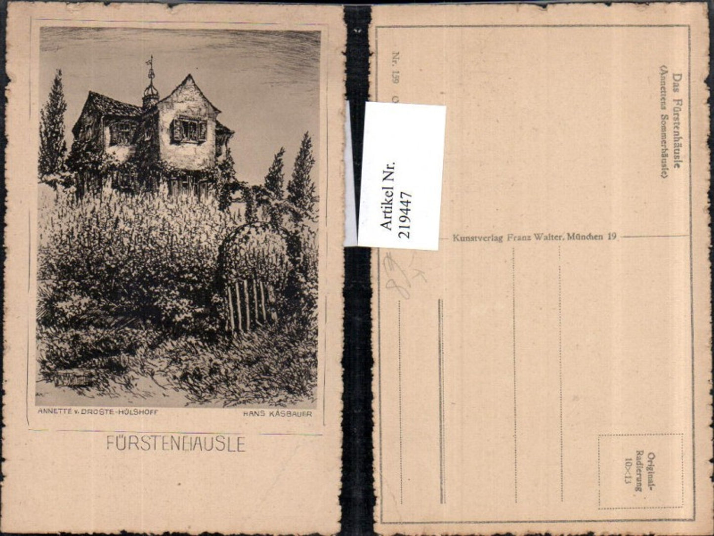 219447, Artist AK Hans Kasbauer Annette's Fürstenhausle in Meersburg Original Etching