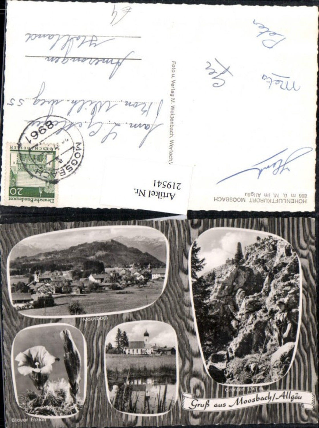 219541,Gruß aus Moosbach i. Allgäu Totale Kirche Grünten Blauer Enzian Mehrbildkarte