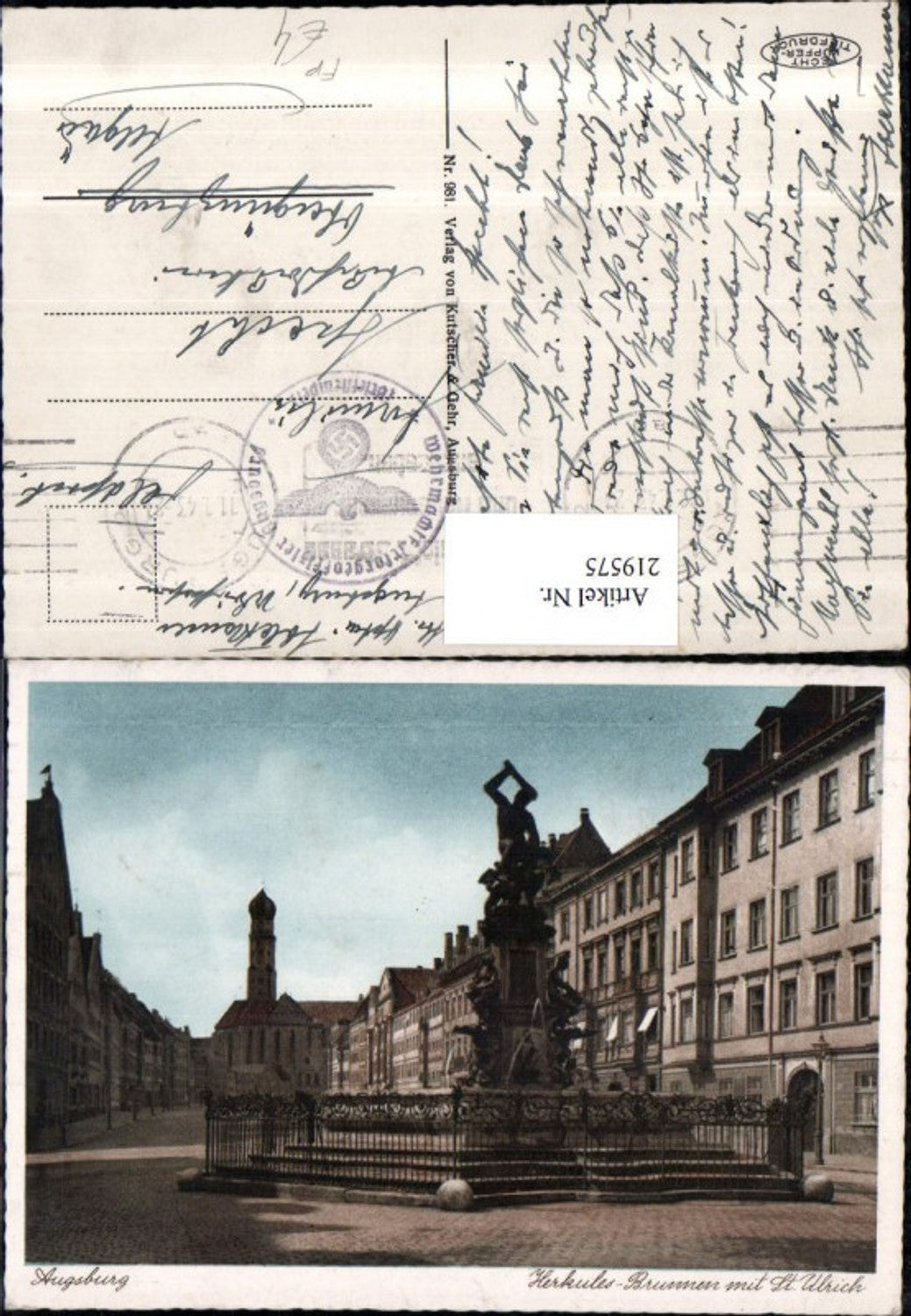 219575,Augsburg Herkules-Brunnen m. St. Ulrich Kirche Feldpost Wehrmachtfürsorgeoffizier Augsburg Stempel