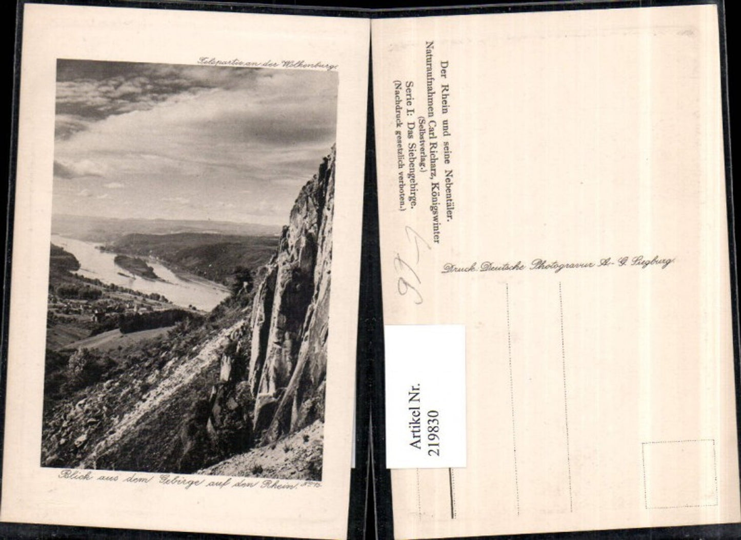 219830,Präge AK Siebengebirge Blick aus d. Gebirge auf d. Rhein