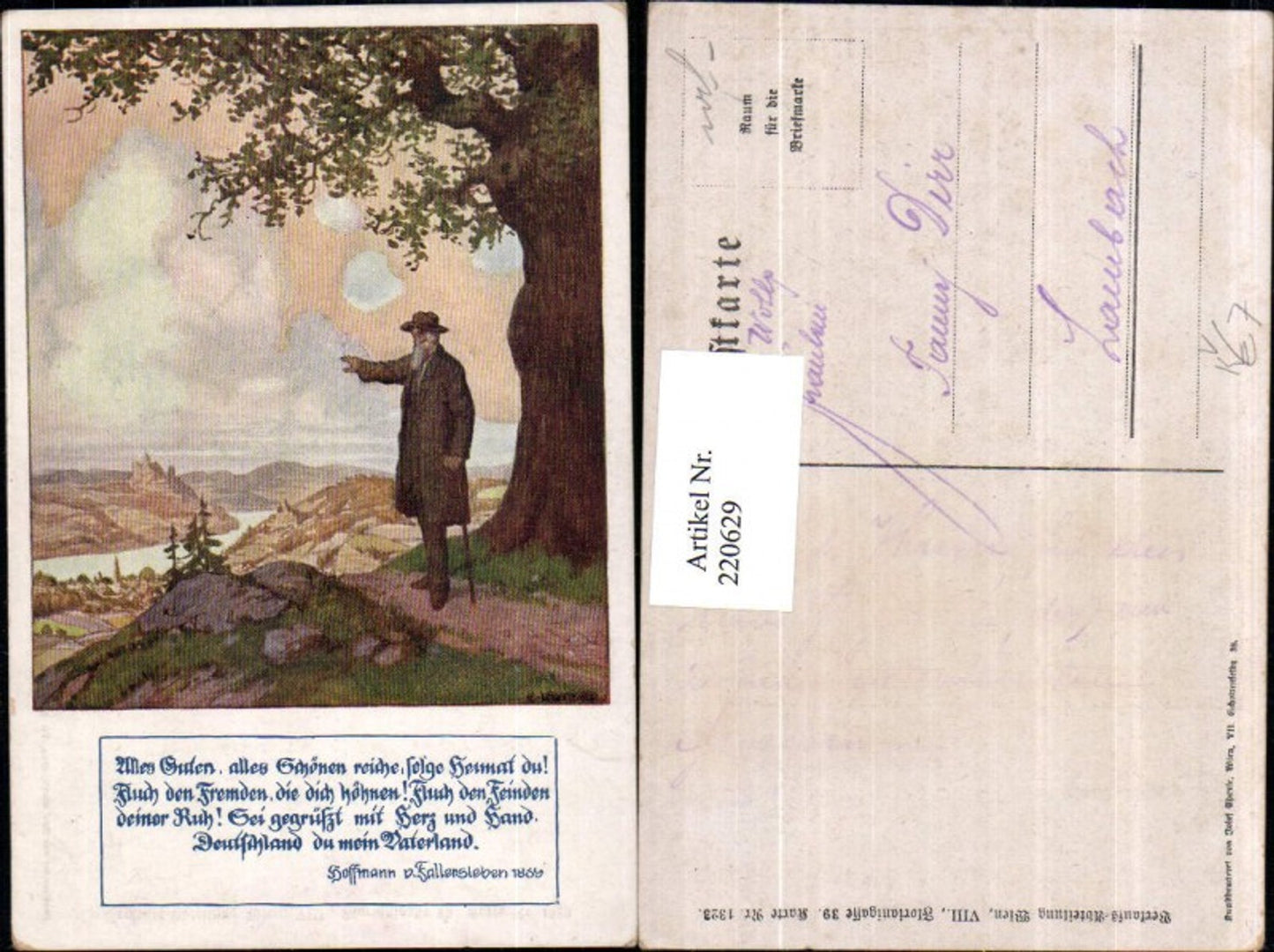 220629,Deutscher Schulverein 1323 Künstler C. Kutzer Mann m. Hut u. Stock Landschaft