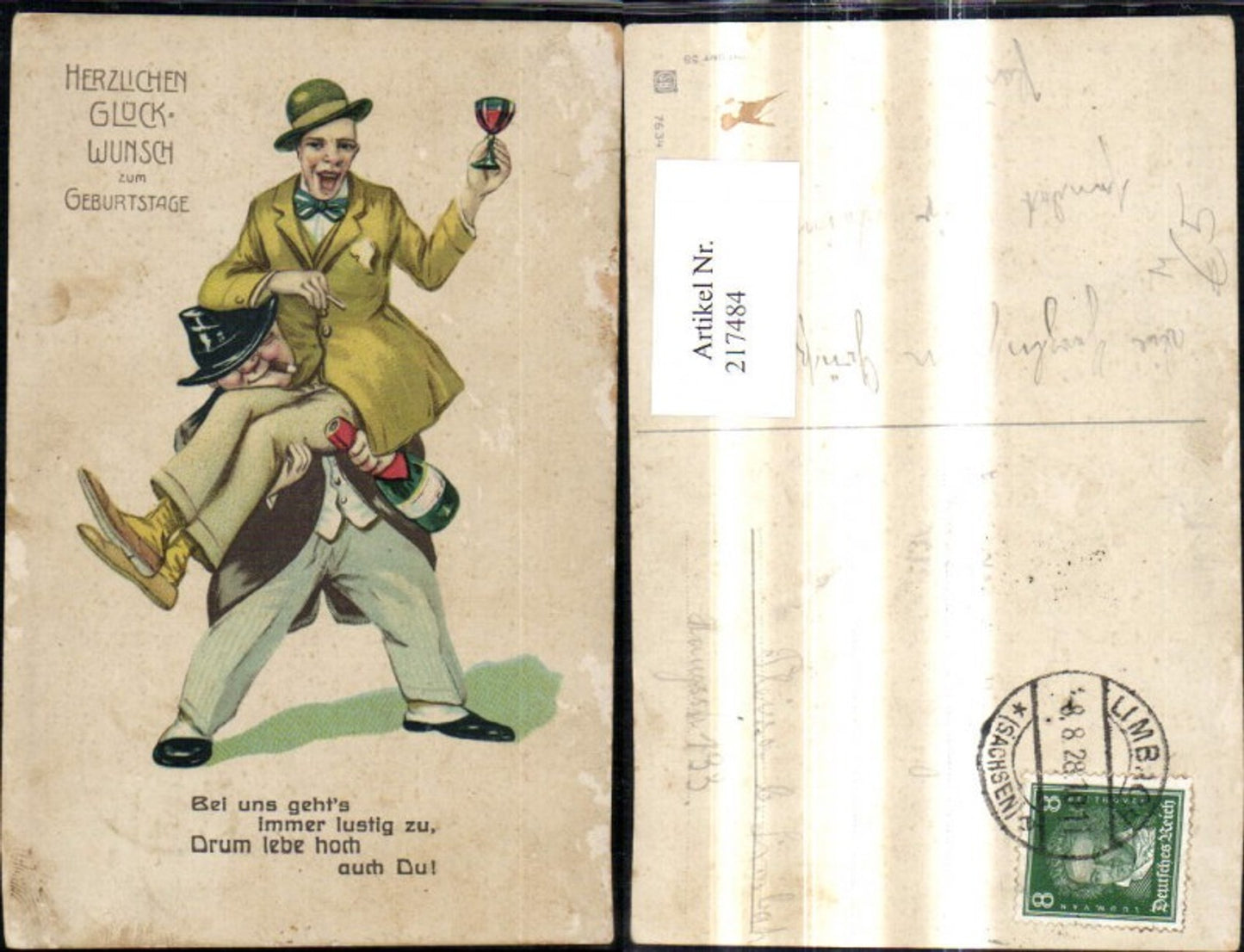 217484,Künstler Ak Glückwunsch Geburtstag Trunkenbolde Wein Glas Spruch Text Humor Scherz