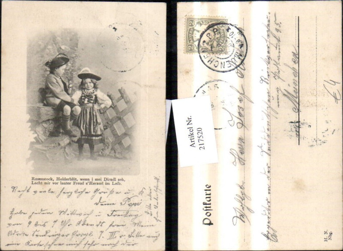 217520,Kinder i. Tracht Pfeife Rosenstock Holderblüt wenn i mein Dirndl seh Spruch Text