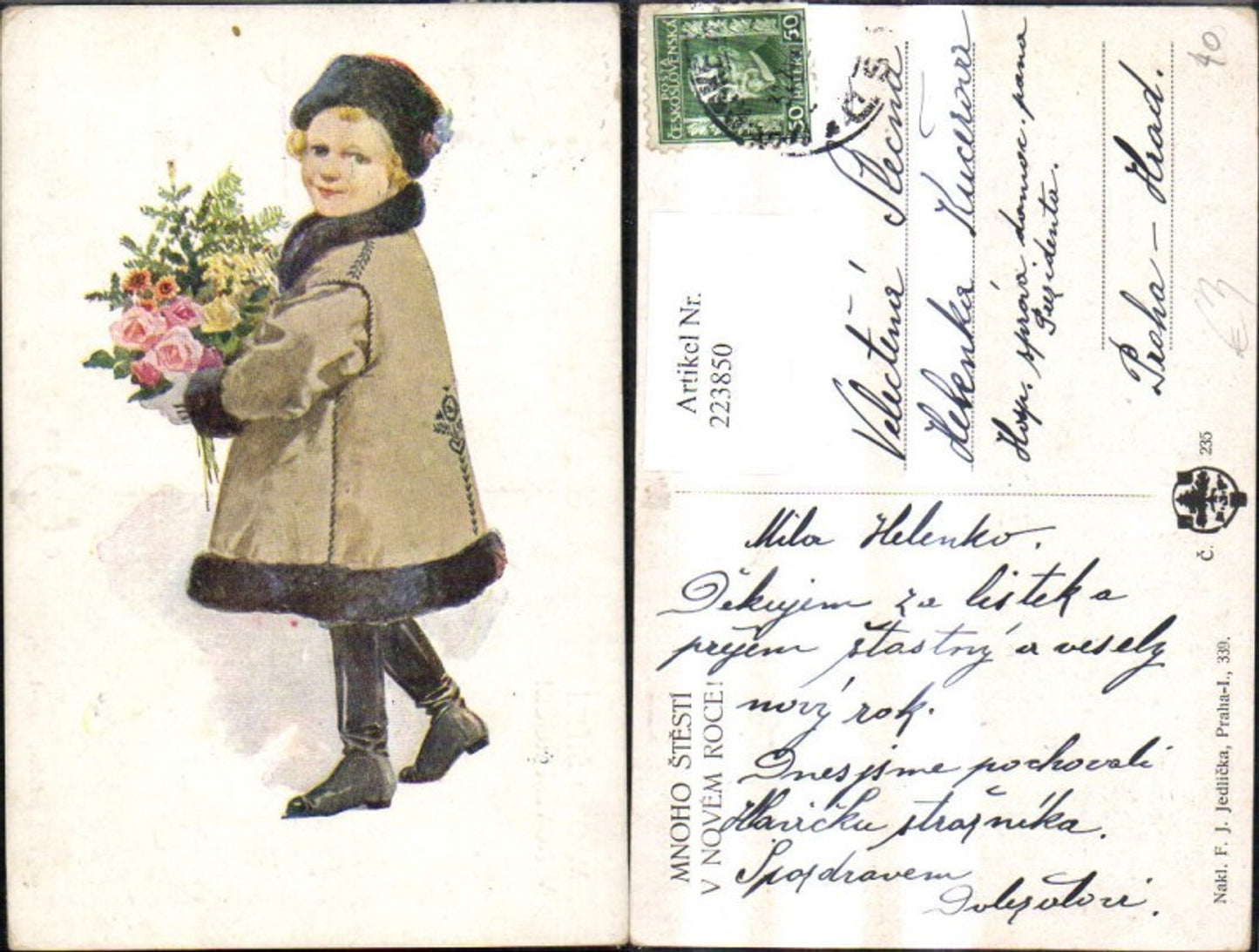 217545,Kinder Künstler Ak F. J. Jedlicka Mädchen m. Pelzmantel Hut Haube Blumen Strauß
