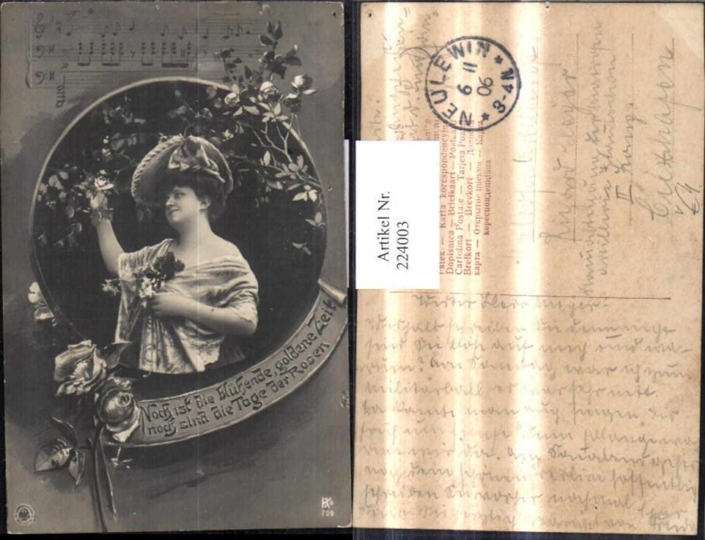 224003,Frau m. Hut Passepartout Rosen Notenzeile Spruch Text pub NPG
