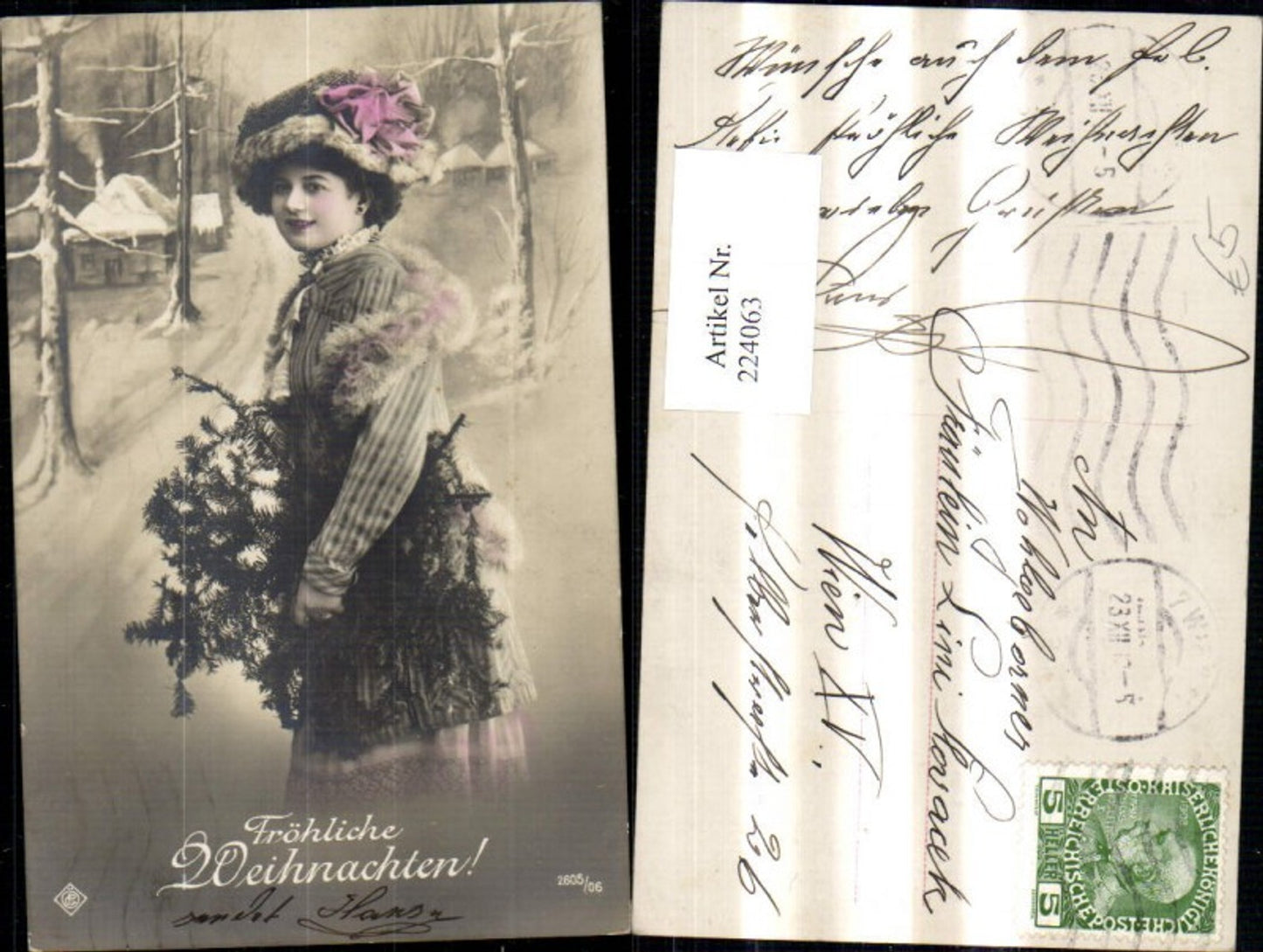 224063,Frau m. Pelzhaube Hut Pelzstola Tannenzweig Fröhliche Weihnachten