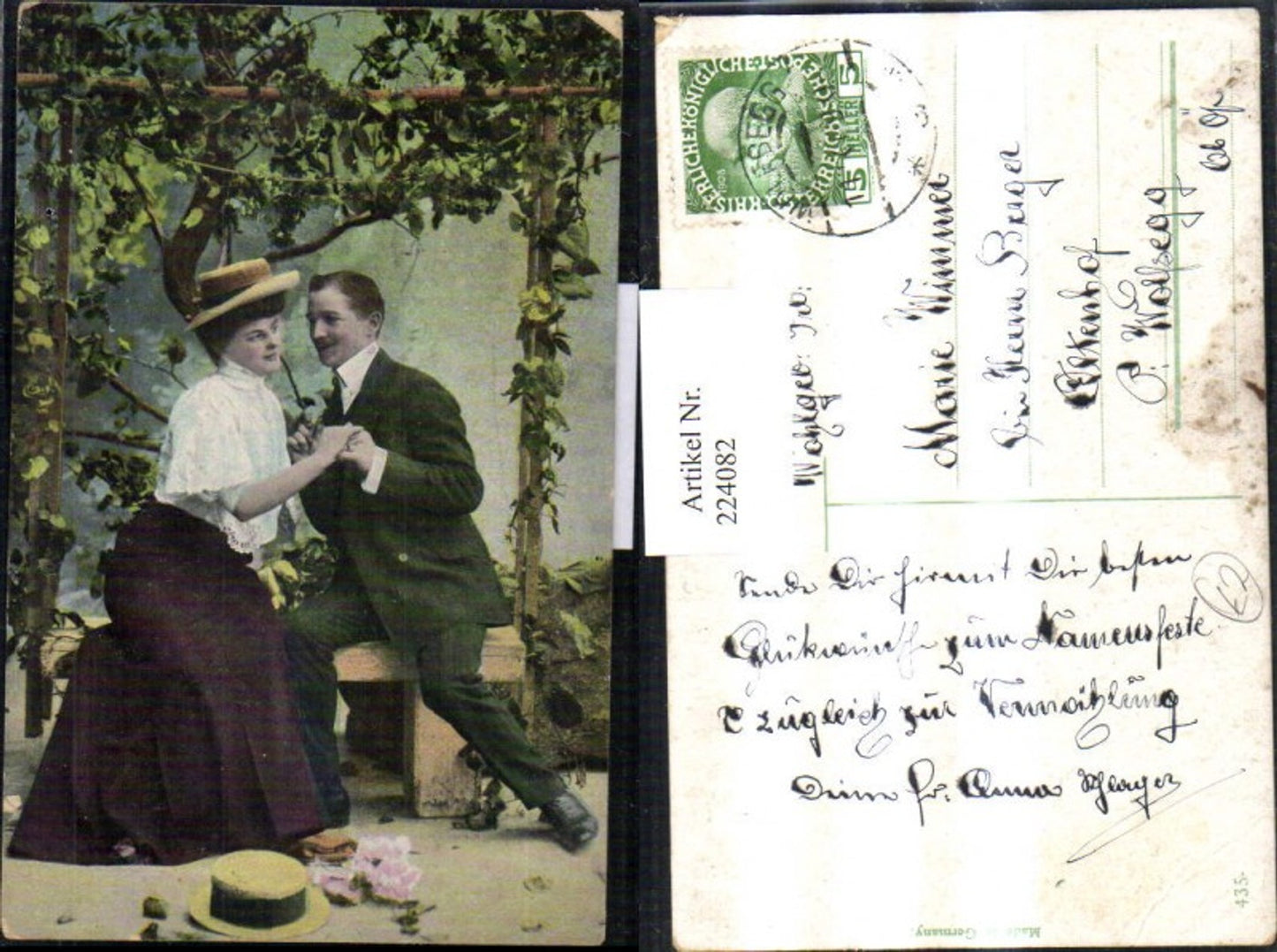 224082,Liebe Liebespaar a. Bank Händchenhalten Hut