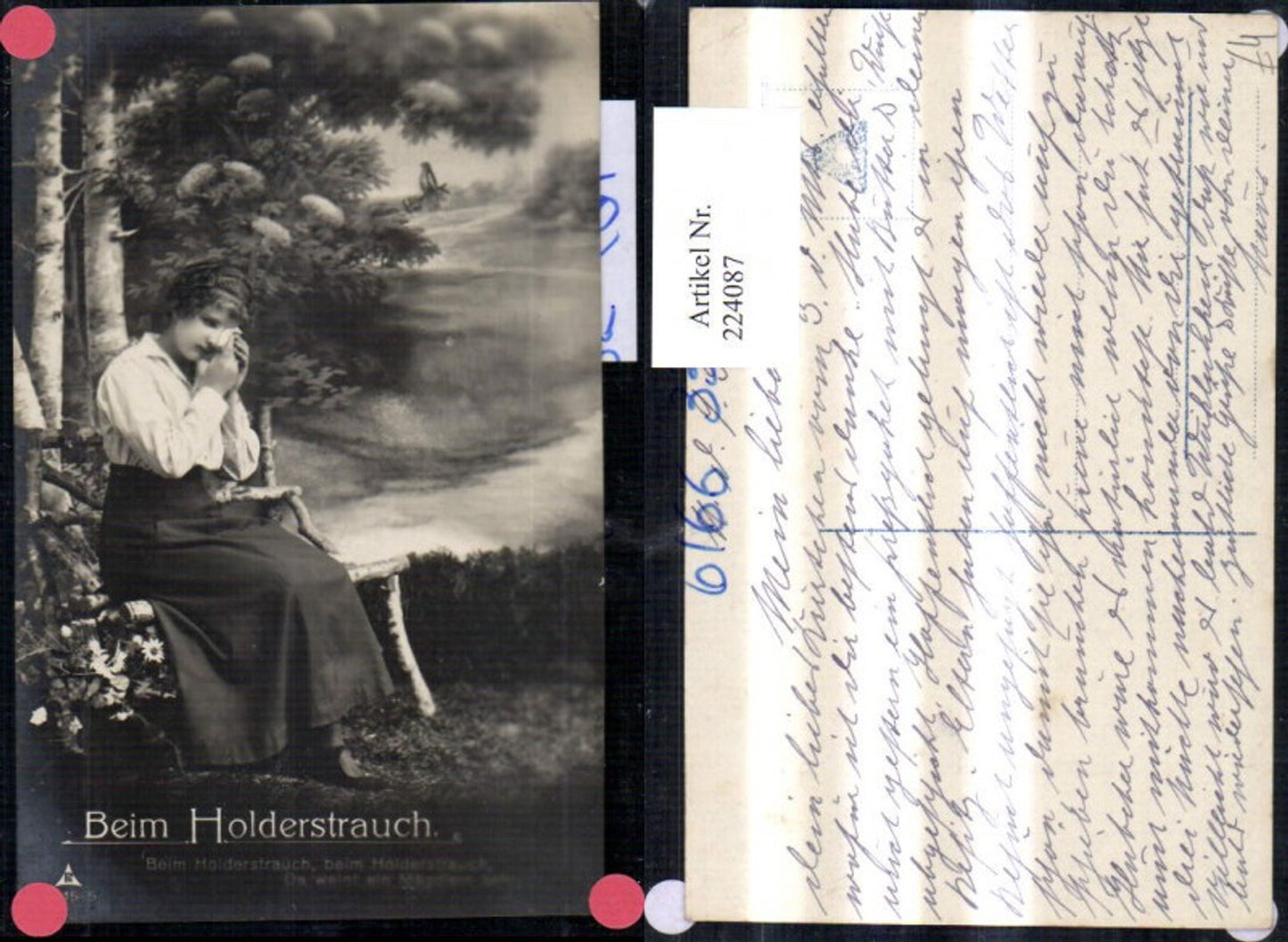 224087,Liebe Weinende Frau a. Bank Taschentuch Beim Holderstrauch Spruch Text