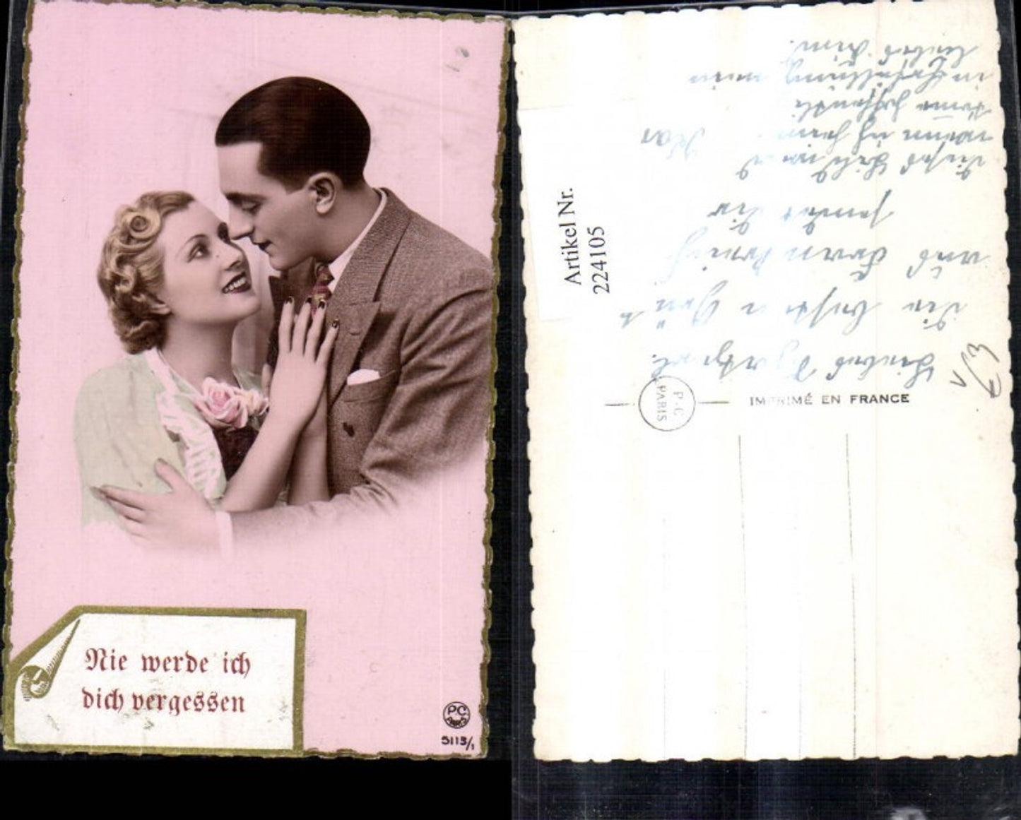 224105,Liebe Liebespaar Umarmung Nie werd ich dich vergessen Papierrolle Goldverzierung pub P.C Paris