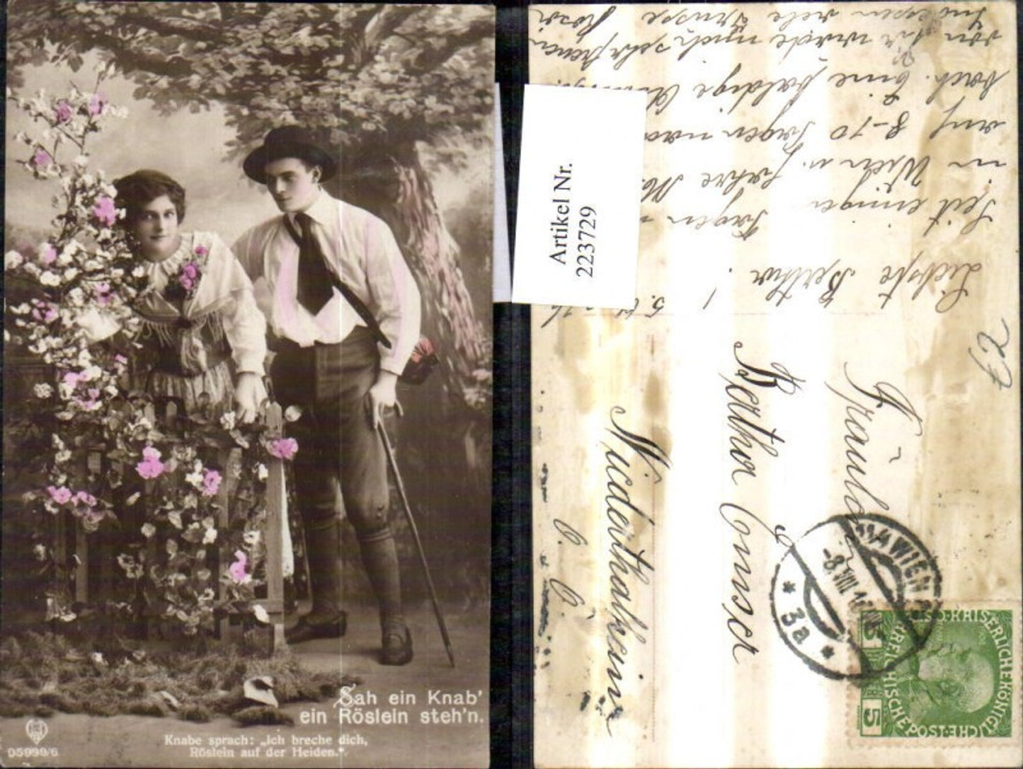 223729,Liebe Liebespaar b. Baum Sah ein Knab ein Röslein stehn Rosen Spruch Text