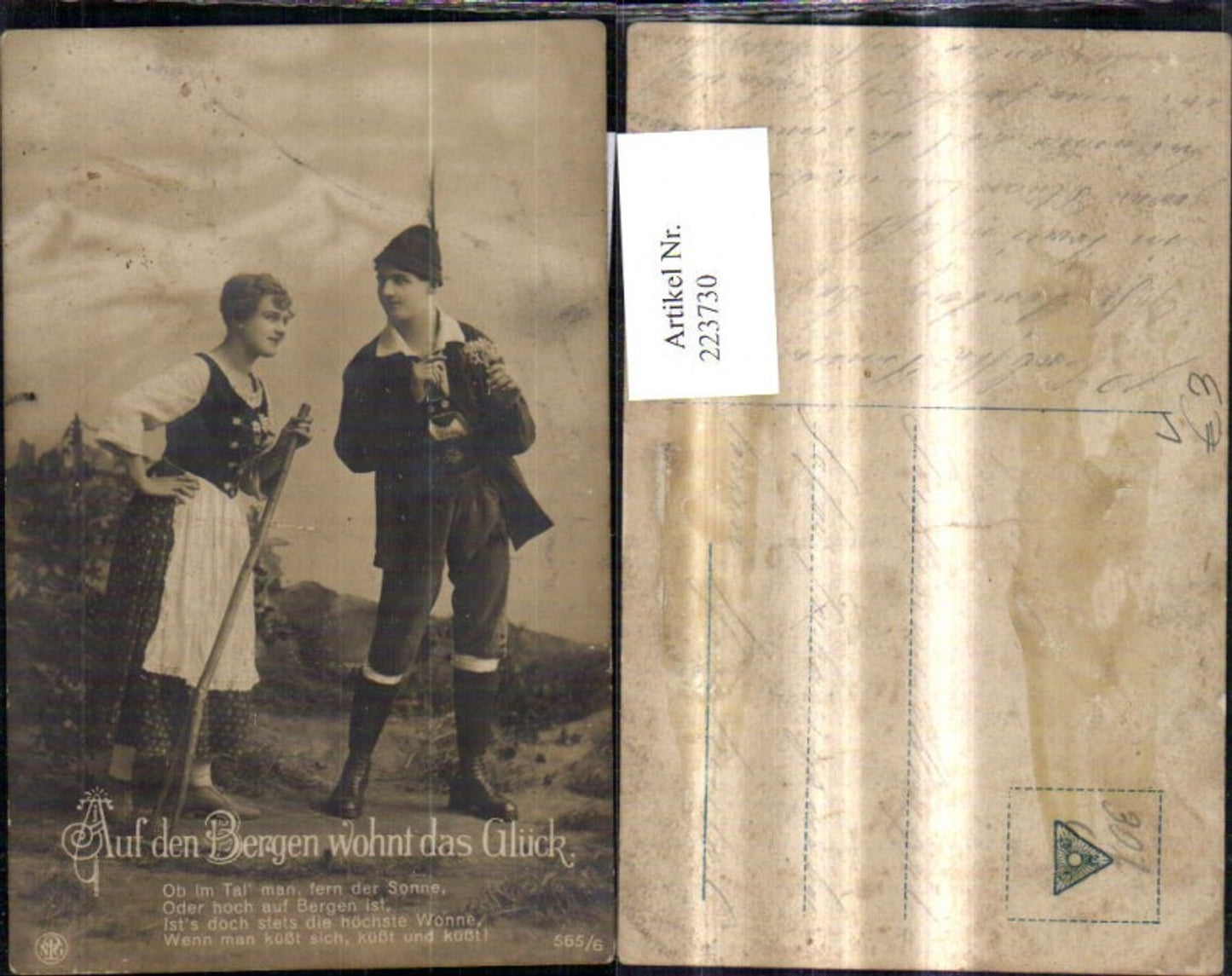 223730,Liebe Liebespaar Tracht Tirolerhut Auf d. Bergen wohnt d. Glück Spruch Text pub NPG 565/6