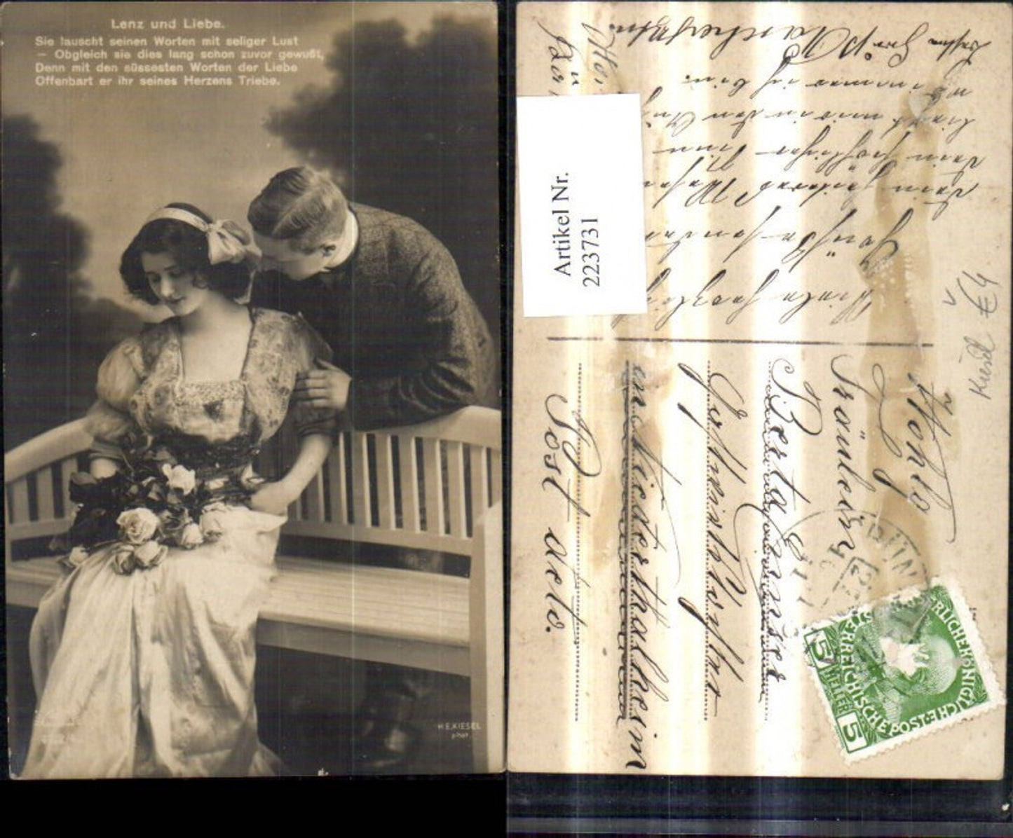 223731,Liebe Liebespaar Bank Rosen Strauß Lenz u. Liebe Spruch Text pub Kiesel