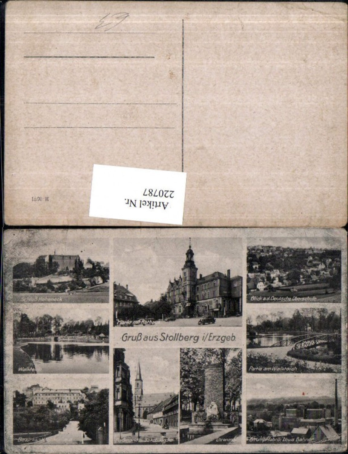 220787,Gruß aus Stollberg i. Erzgebirge Totale Rathaus Ehrenmal Schloss Hohneck Strumpffabrik Louis Bahner