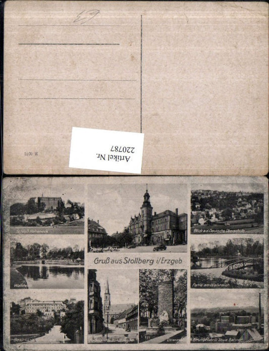 220787,Gruß aus Stollberg i. Erzgebirge Totale Rathaus Ehrenmal Schloss Hohneck Strumpffabrik Louis Bahner