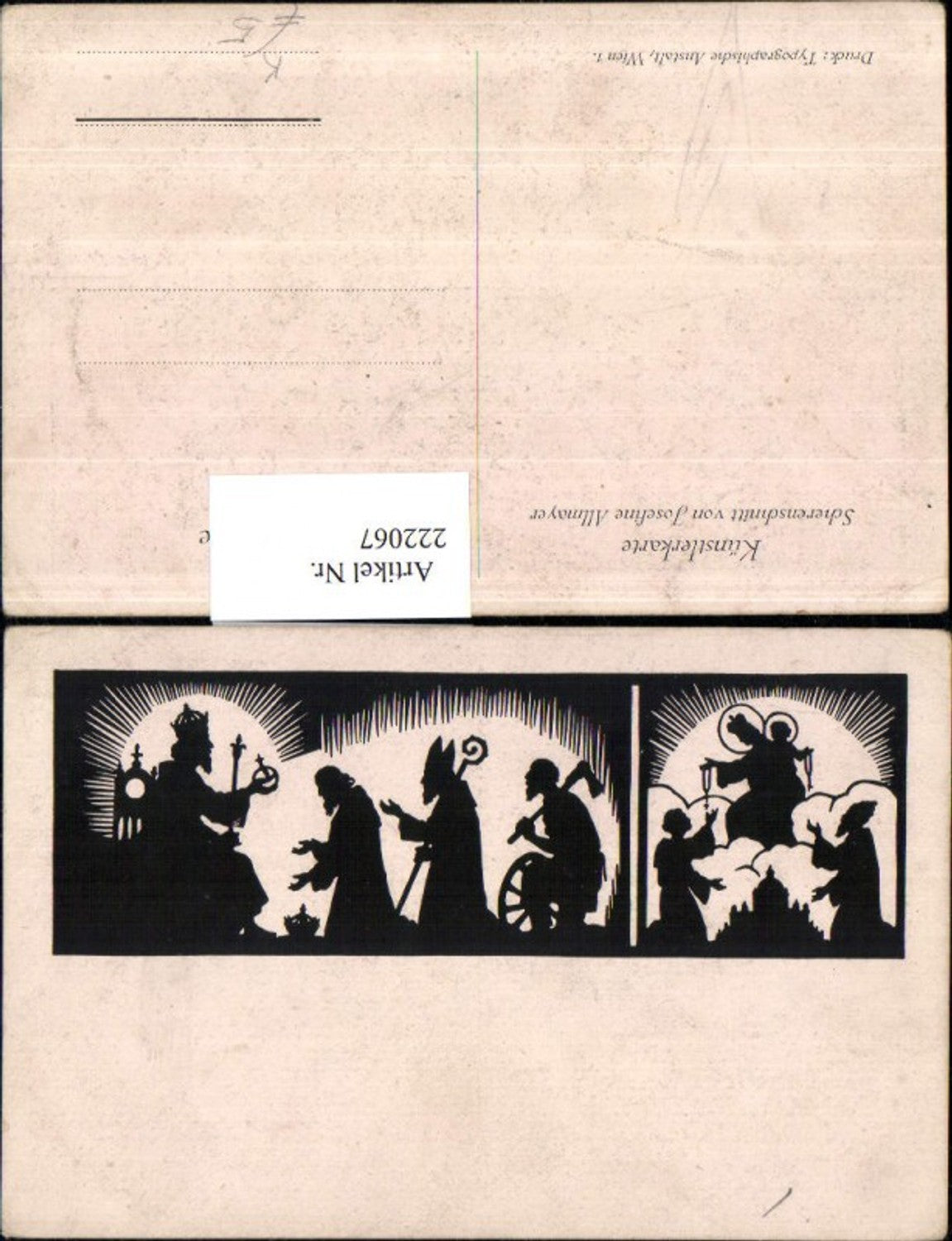 222067,Künstler AK Allmayer Josefine Scherenschnitt Silhouette Krone Zepter Leute Axt Stock
