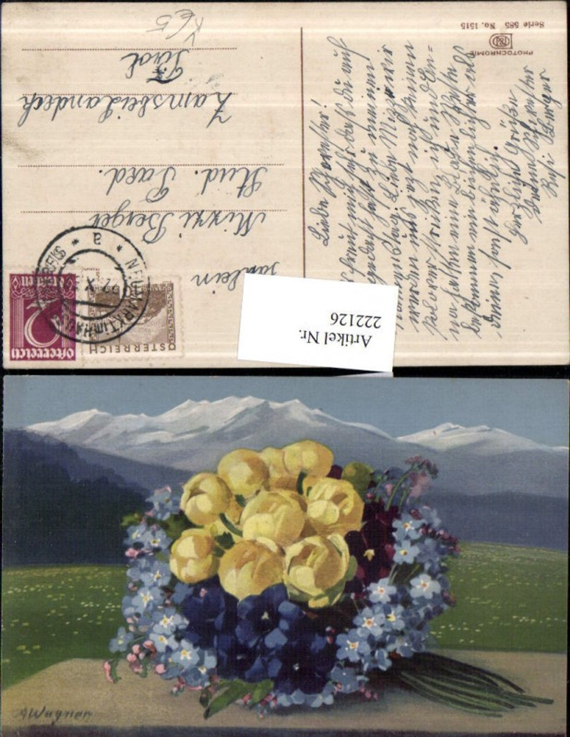 222126,Photochromie Nenke & Ostermaier 585/1515 A. Wagner Blumenstrauß Enzian Tulpen Stiefmütterchen Vergissmeinnicht