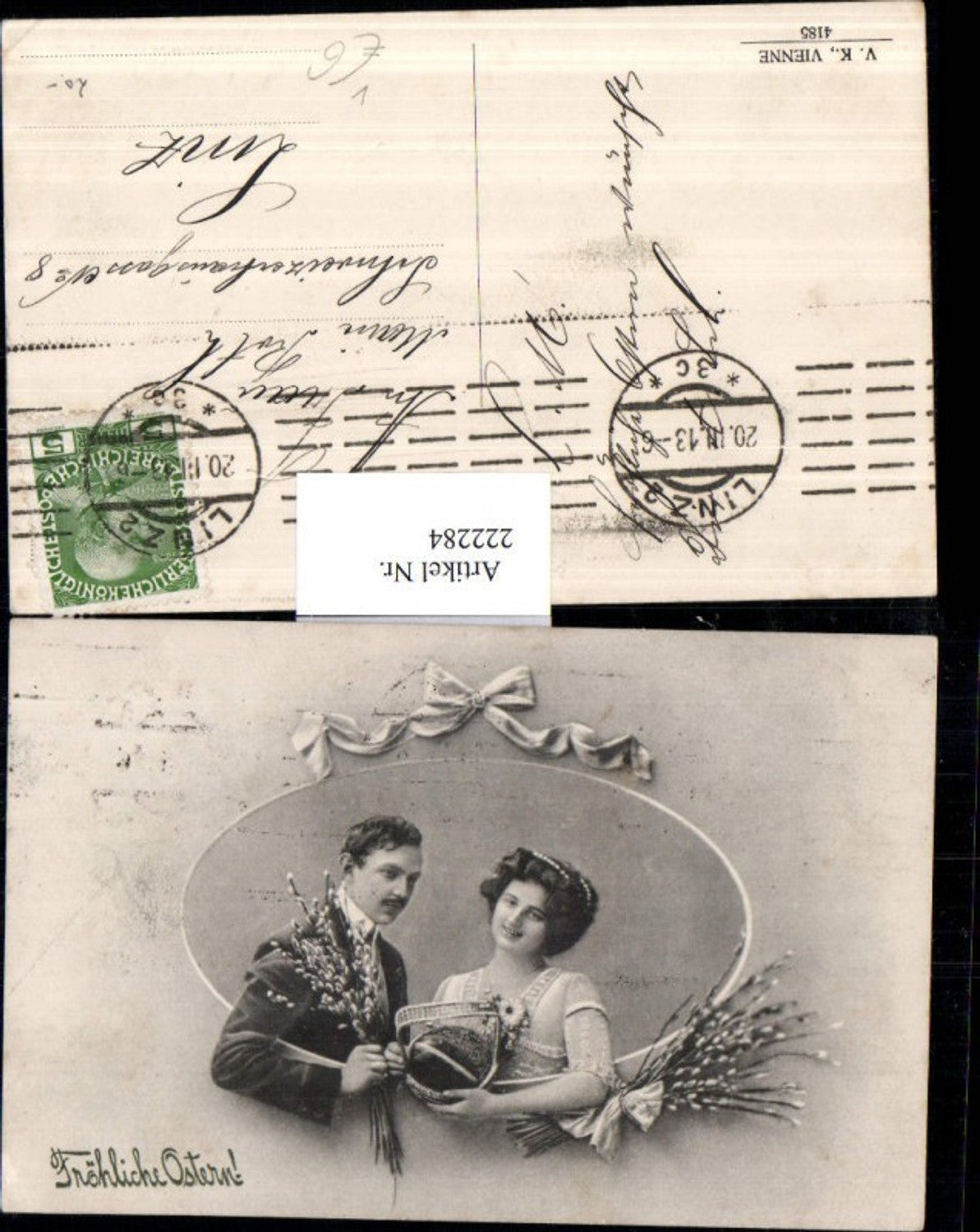 222284,V. K. Vienne 4185 Ostern Frau m. Mann Palmzweige Korb Ei Schleife