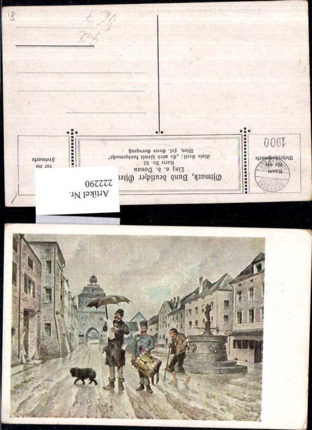222290,Bund Deutscher Österreicher 52 Künstler Alois Greil Es wird hiermit Kundgemacht Ortsansicht Tor Brunnen Männer