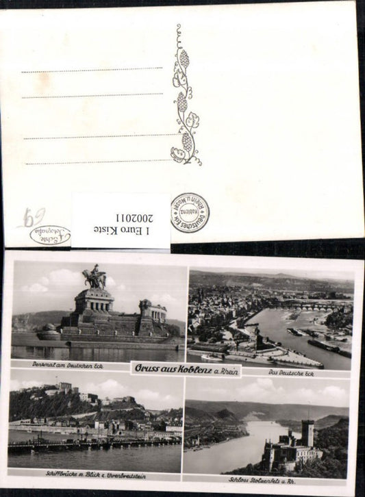 2002011,Gruß aus Koblenz am Rhein Totale Deutsches Eck Denkmal Schiffbrücke m. Blick z. Ehrenbreutstein Schloss Stolze