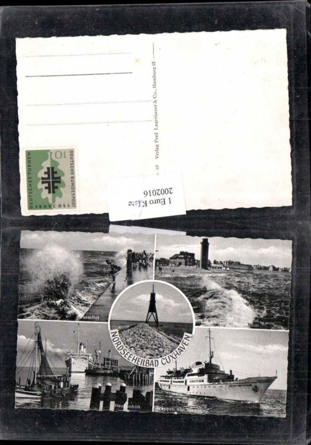 2002016,Nordseeheilbad Cuxhaven Sturmflut Leuchtturm u. Seepavillon Steubenhöft Wappen von Hamburg Schiff Mehrbildkarte