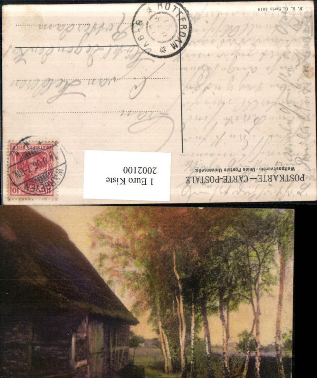 2002100,Künstler AK Holzhütte Birken Partie