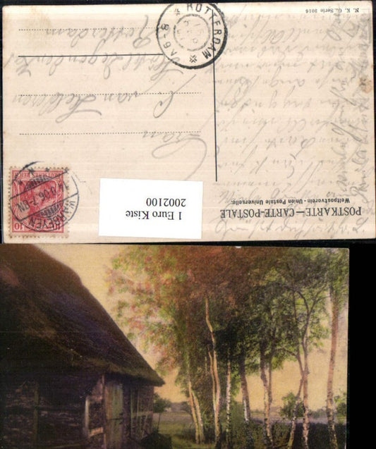 2002100,Künstler AK Holzhütte Birken Partie