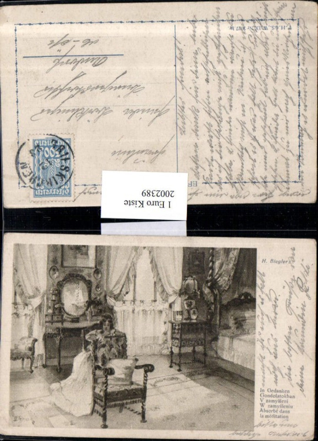 2002389,Künstler AK H. Biegler „In Gedanken“ Frau im Zimmer b. Denken Stuhl Spiegel