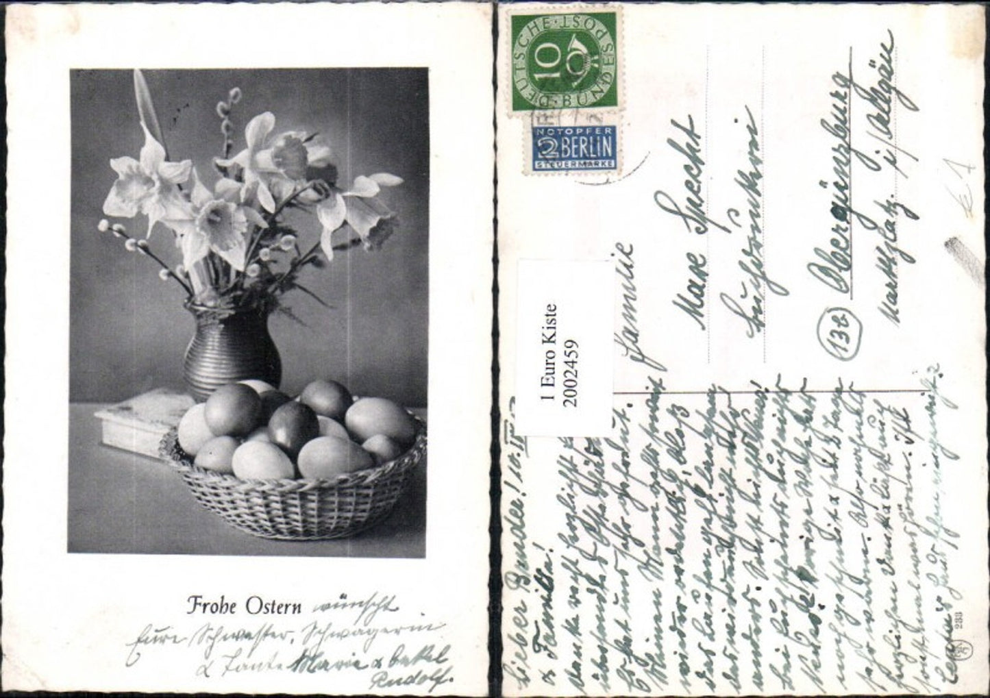 2002459,Ostern Vase m. Narzissen Palmzweige Korb m. Eiern Eier